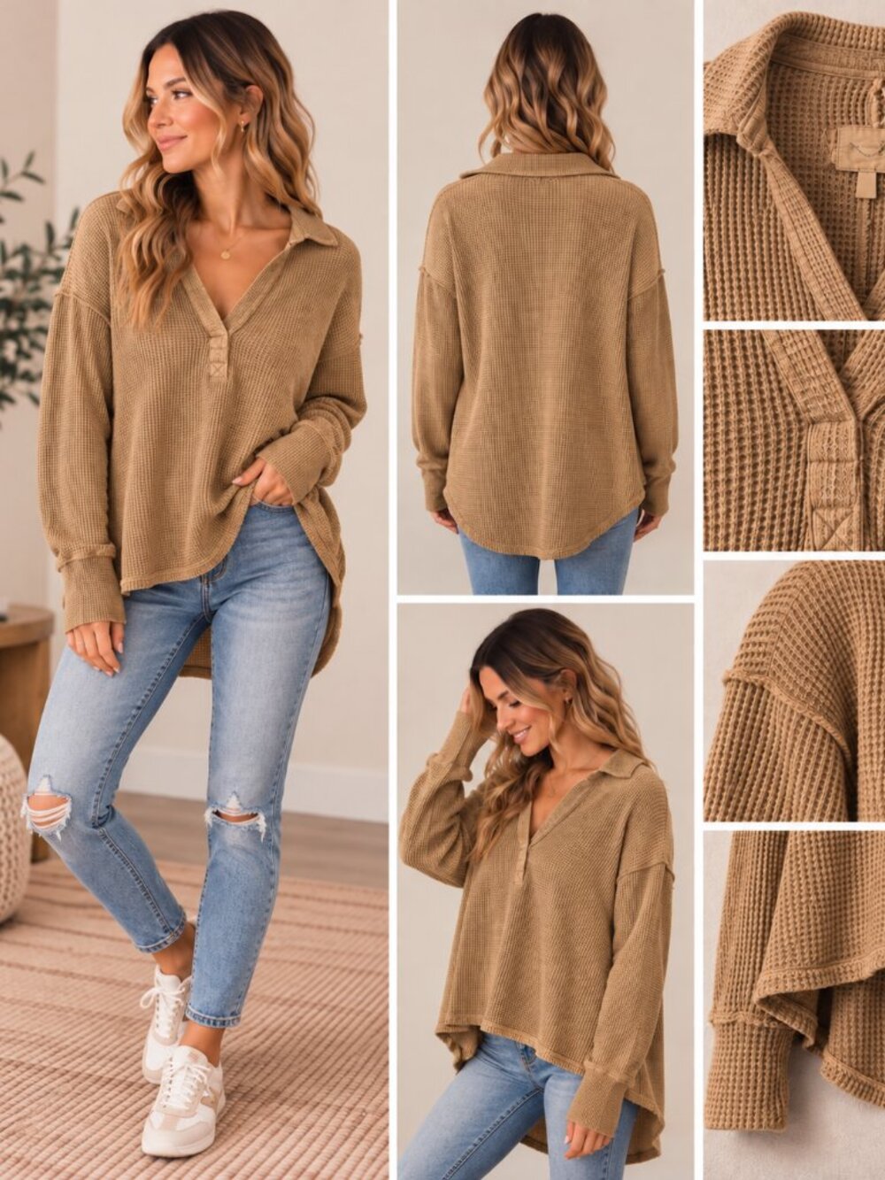 Aerie Women’s Taupe Beige Waffle Knit V-Neck Oversized Pullover XXS